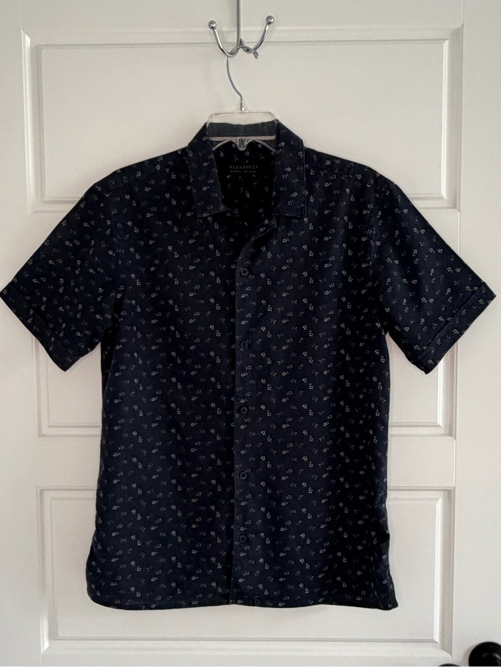 All Saints Rosid Men’s Navy Floral Linen Blend Short Sleeve Button Up Shirt M